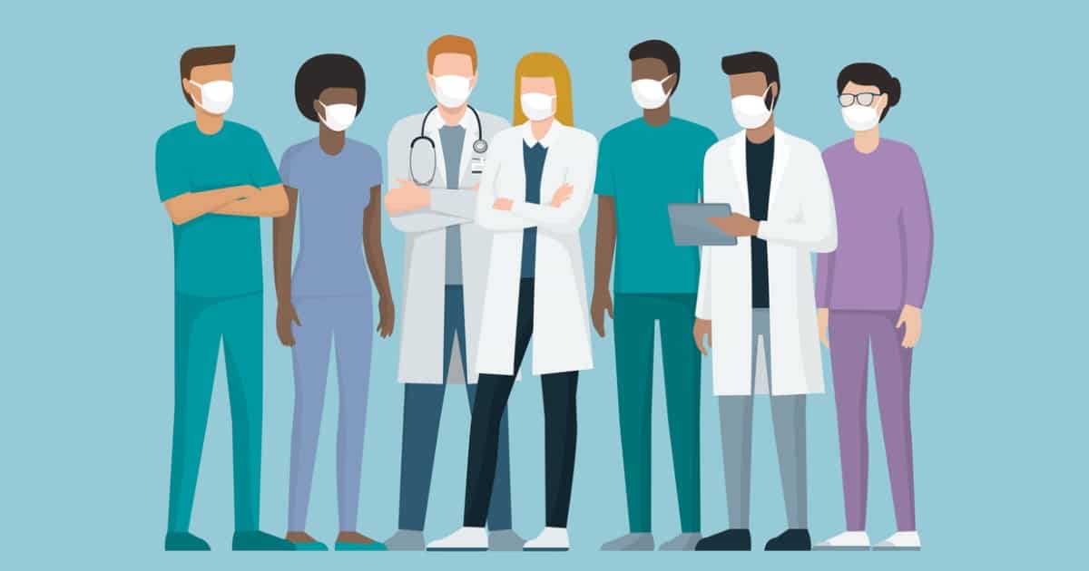Doctors and medical staff wearing surgical masks, they are standing together, coronavirus prevention concept